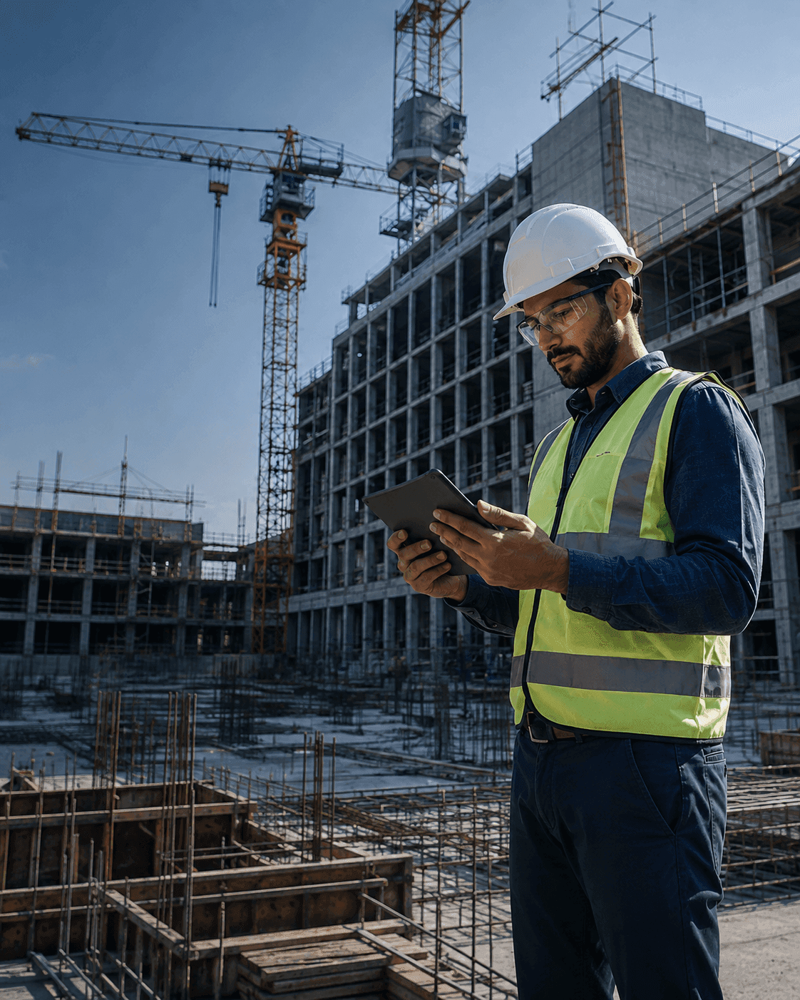Profissional da construção acompanhando uma obra pelo tablet